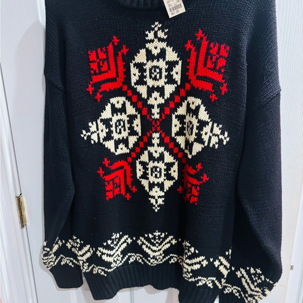 Black Sweater with Red and White Nordic Pattern